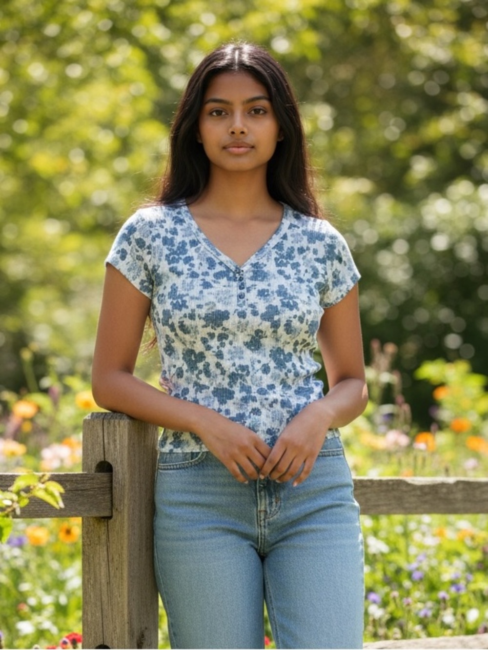 abercrombie kids Blue Floral Henley Short Sleeve Top